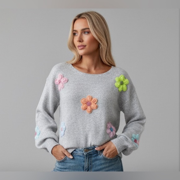 Floral Decor Round Neck Long Sleeve Sweater Grey - Picture 3 of 10